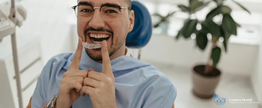 CD - Man smiling while holding his new dentures