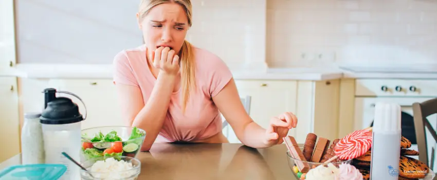 CD-Young woman tempted to eat sugar food