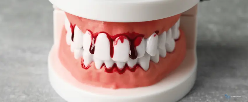 CD-model of jaw with blood on light grey table closeup gum